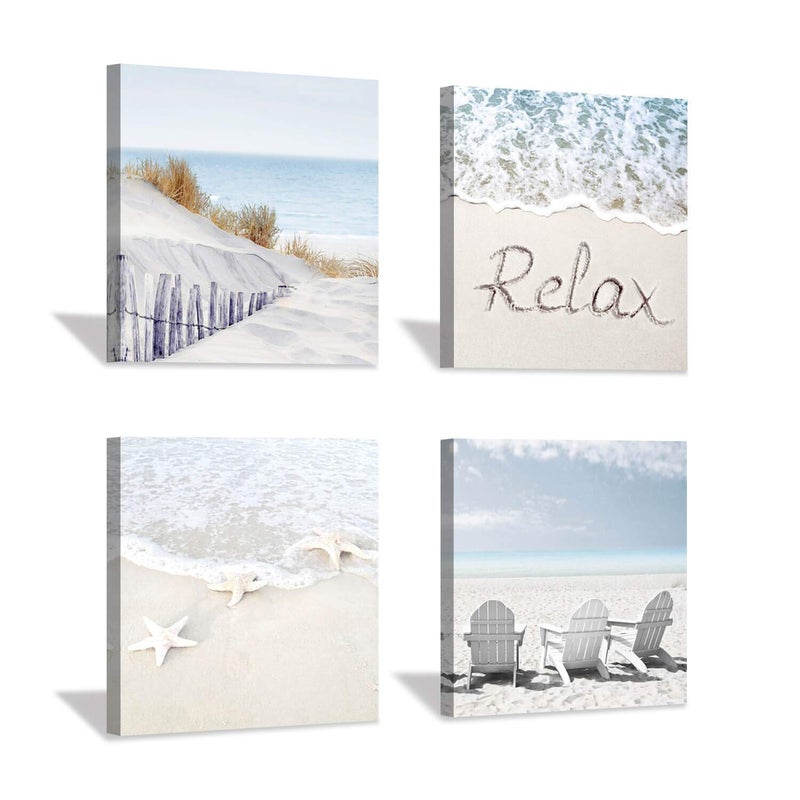 Hardy Gallery Coastal Artwork Beach Wall Art: Starfish & Chairs on Sand Painting with Word Picture on Canvas for Living Room (12â€ x 12'' x 4 Panels) - Image 1